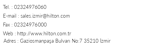 Hilton zmir telefon numaralar, faks, e-mail, posta adresi ve iletiim bilgileri